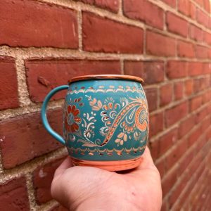 Handmade Copper Mug – Teal Floral Hammered Cup, Premium Pure Copper Drink ware, Unique Anniversary Gift, Feel the Copper Difference