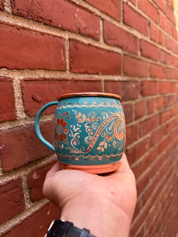 Handmade Copper Mug – Teal Floral Hammered Cup, Premium Pure Copper Drink ware, Unique Anniversary Gift, Feel the Copper Difference